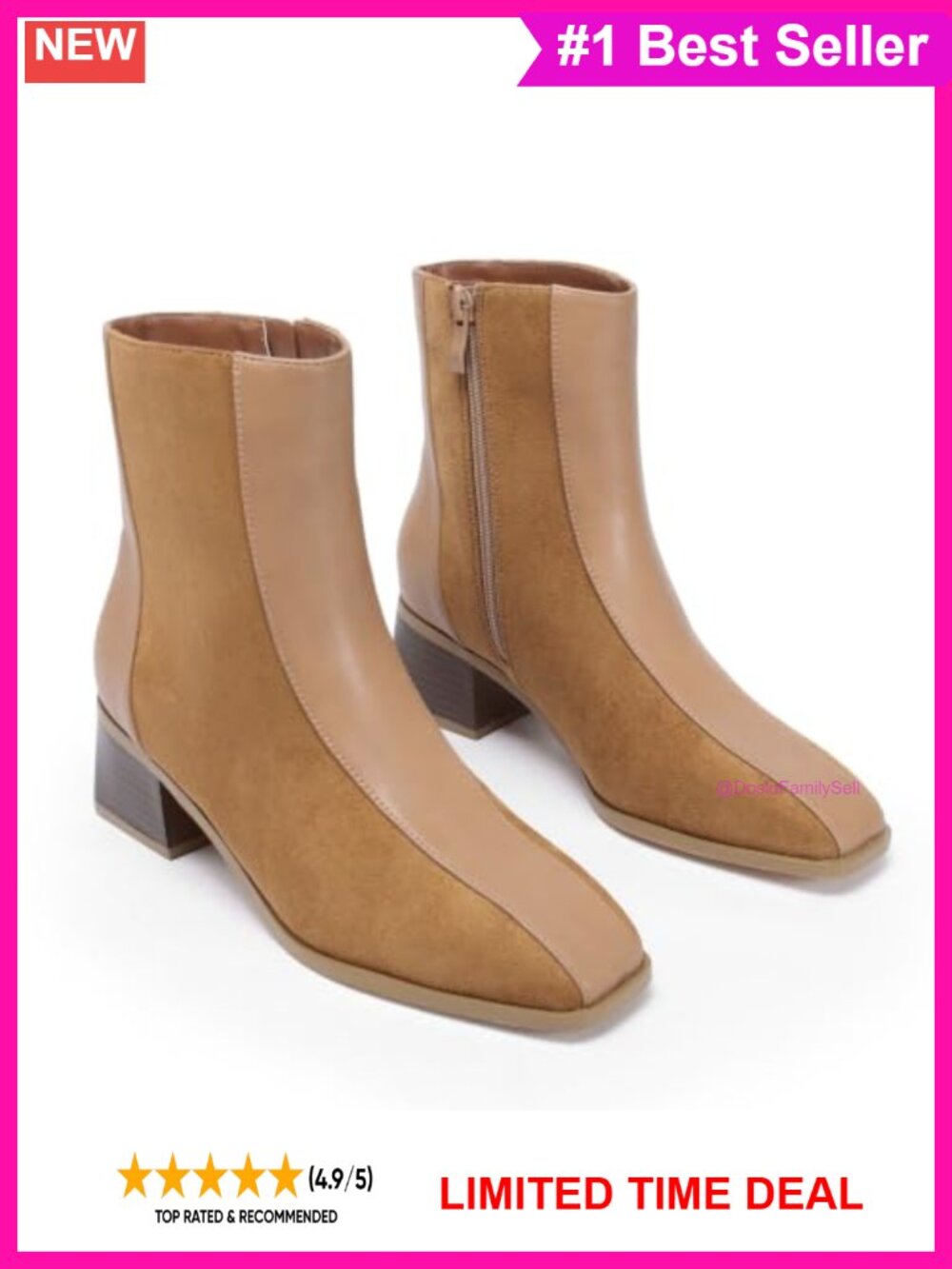 YYNUDA Women's Square Toe Ankle Boots Chunky Block Heel Side Zipper PU Booties